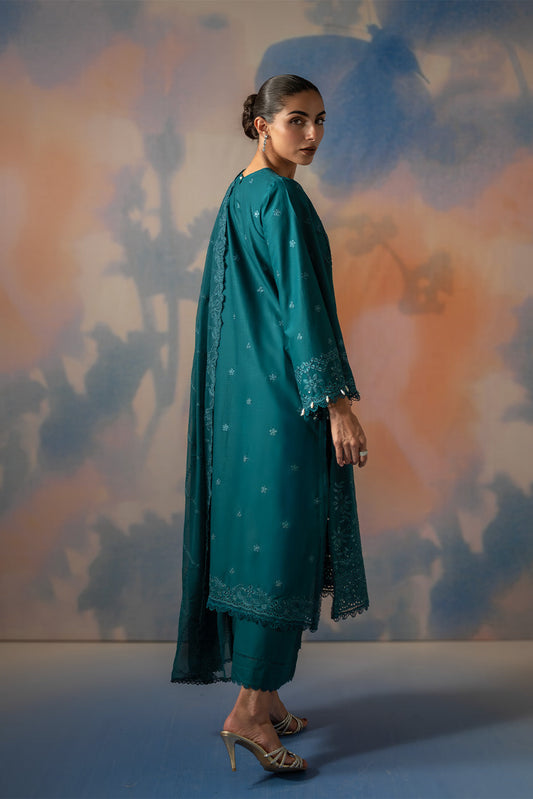 3 PIECE EMBROIDERED CHIKANKARI SUIT WITH BAMBER DUPATTA-TEAL OPULENCE (UNSTITCHED)