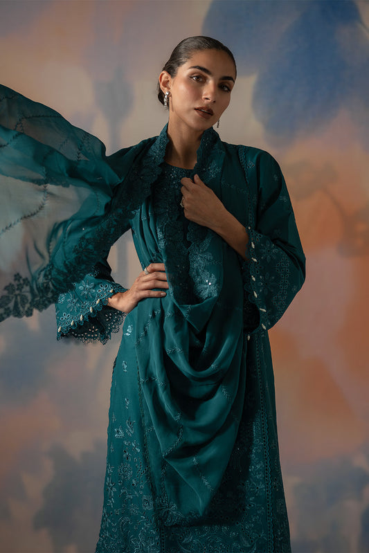 3 PIECE EMBROIDERED CHIKANKARI SUIT WITH BAMBER DUPATTA-TEAL OPULENCE (UNSTITCHED)
