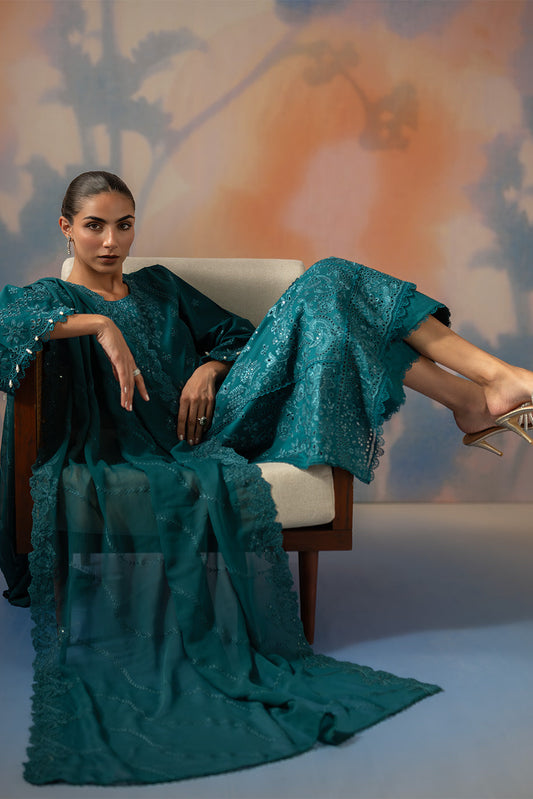 3 PIECE EMBROIDERED CHIKANKARI SUIT WITH BAMBER DUPATTA-TEAL OPULENCE (UNSTITCHED)