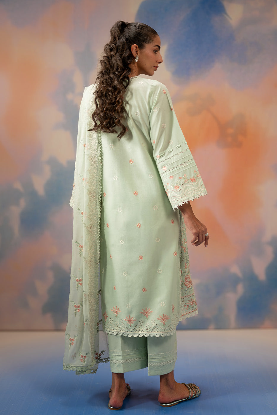 3 PIECE EMBROIDERED CHIKANKARI SUIT WITH BAMBER DUPATTA-MINT HALO (UNSTITCHED)