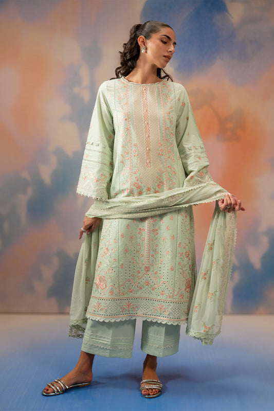 3 PIECE EMBROIDERED CHIKANKARI SUIT WITH BAMBER DUPATTA-MINT HALO (UNSTITCHED)