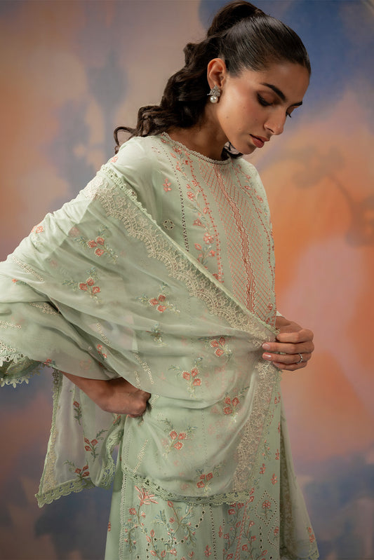 3 PIECE EMBROIDERED CHIKANKARI SUIT WITH BAMBER DUPATTA-MINT HALO (UNSTITCHED)