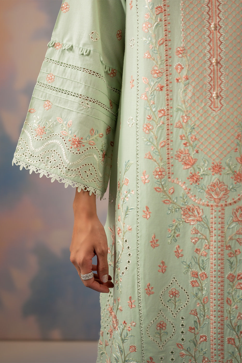 3 PIECE EMBROIDERED CHIKANKARI SUIT WITH BAMBER DUPATTA-MINT HALO (UNSTITCHED)