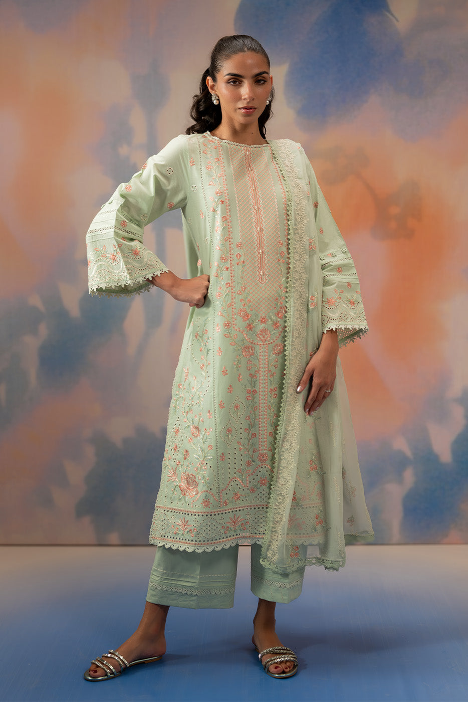 3 PIECE EMBROIDERED CHIKANKARI SUIT WITH BAMBER DUPATTA-MINT HALO (UNSTITCHED)