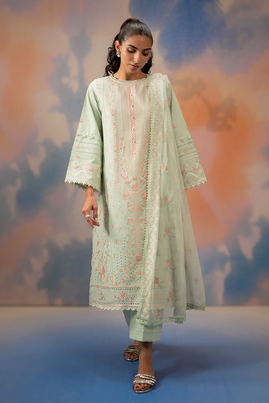 3 PIECE EMBROIDERED CHIKANKARI SUIT WITH BAMBER DUPATTA-MINT HALO (UNSTITCHED)