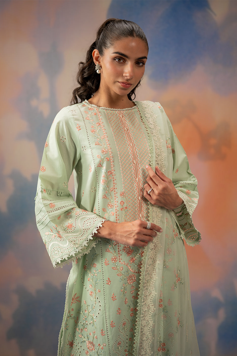 3 PIECE EMBROIDERED CHIKANKARI SUIT WITH BAMBER DUPATTA-MINT HALO (UNSTITCHED)