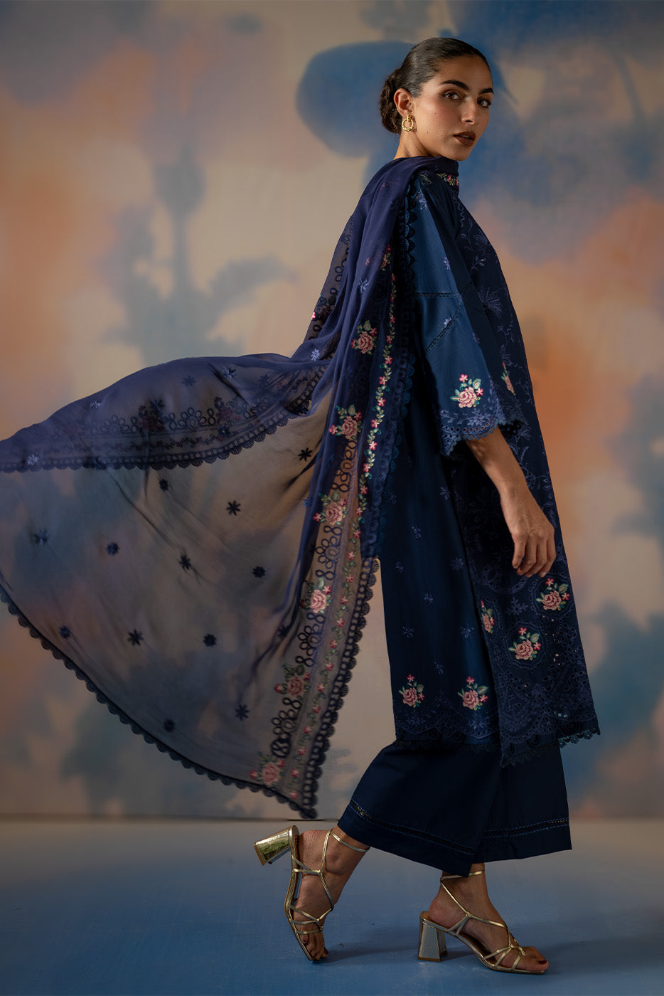 3 PIECE EMBROIDERED CHIKANKARI SUIT WITH BAMBER DUPATTA-COSMIC SAPPHIRE (UNSTITCHED)