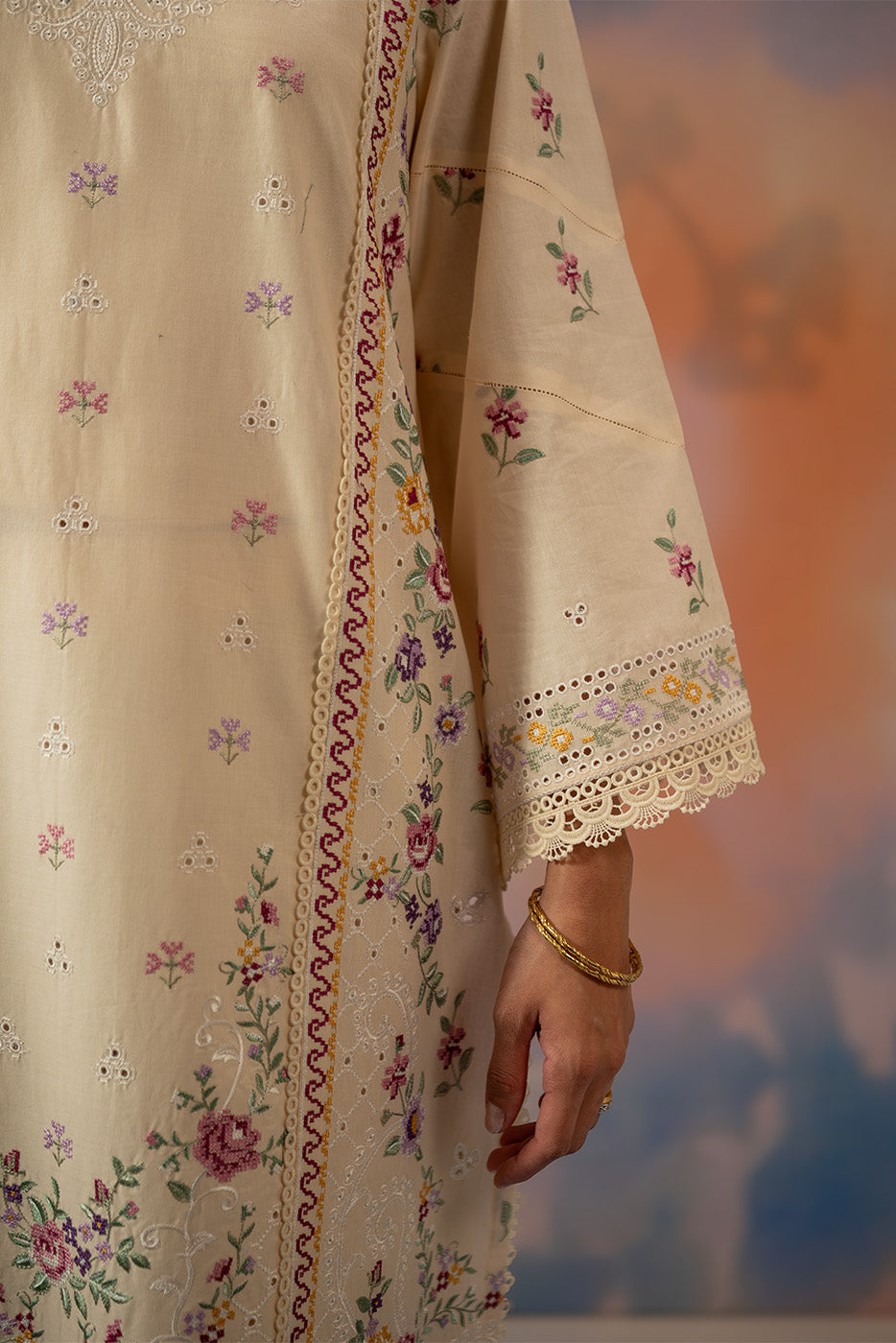 3 PIECE EMBROIDERED CHIKANKARI SUIT WITH BAMBER DUPATTA-BEIGE ATELIER (UNSTITCHED)