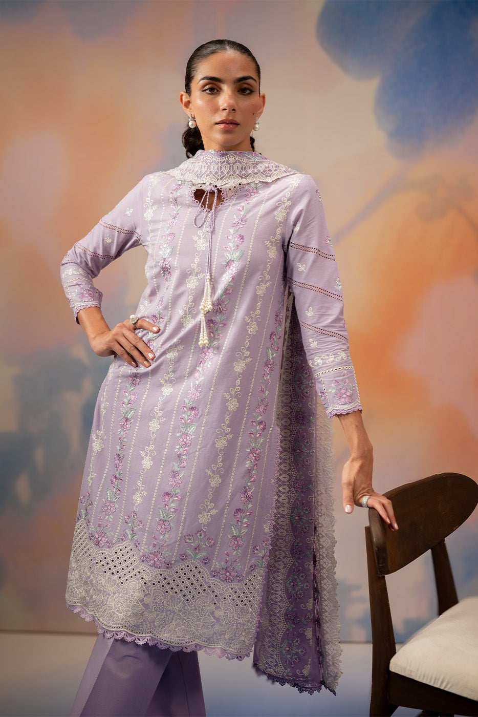 3 PIECE EMBROIDERED CHIKANKARI SUIT WITH BAMBER DUPATTA-LAVENDER LUXE (UNSTITCHED)