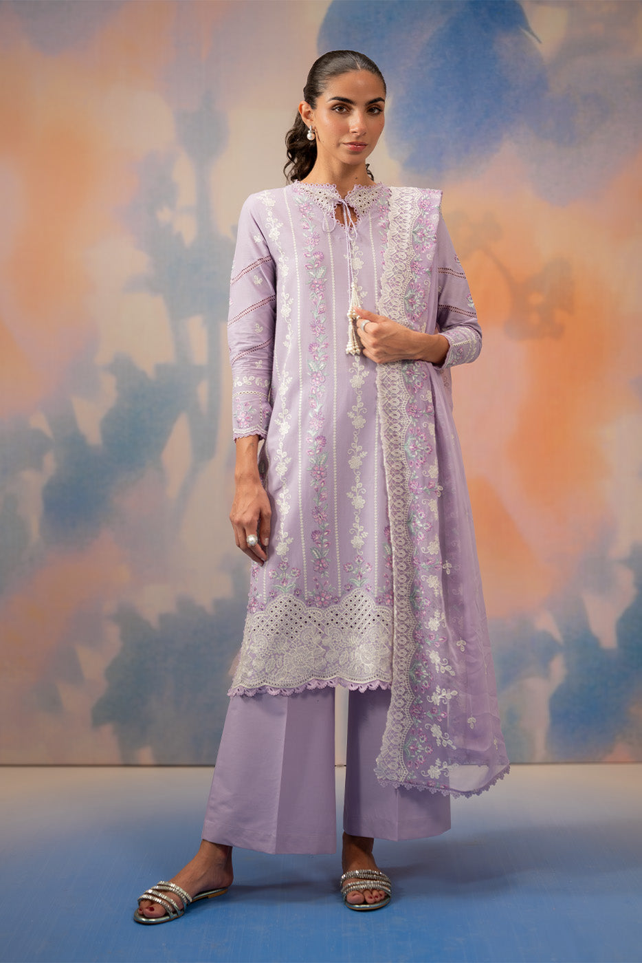 3 PIECE EMBROIDERED CHIKANKARI SUIT WITH BAMBER DUPATTA-LAVENDER LUXE (UNSTITCHED)