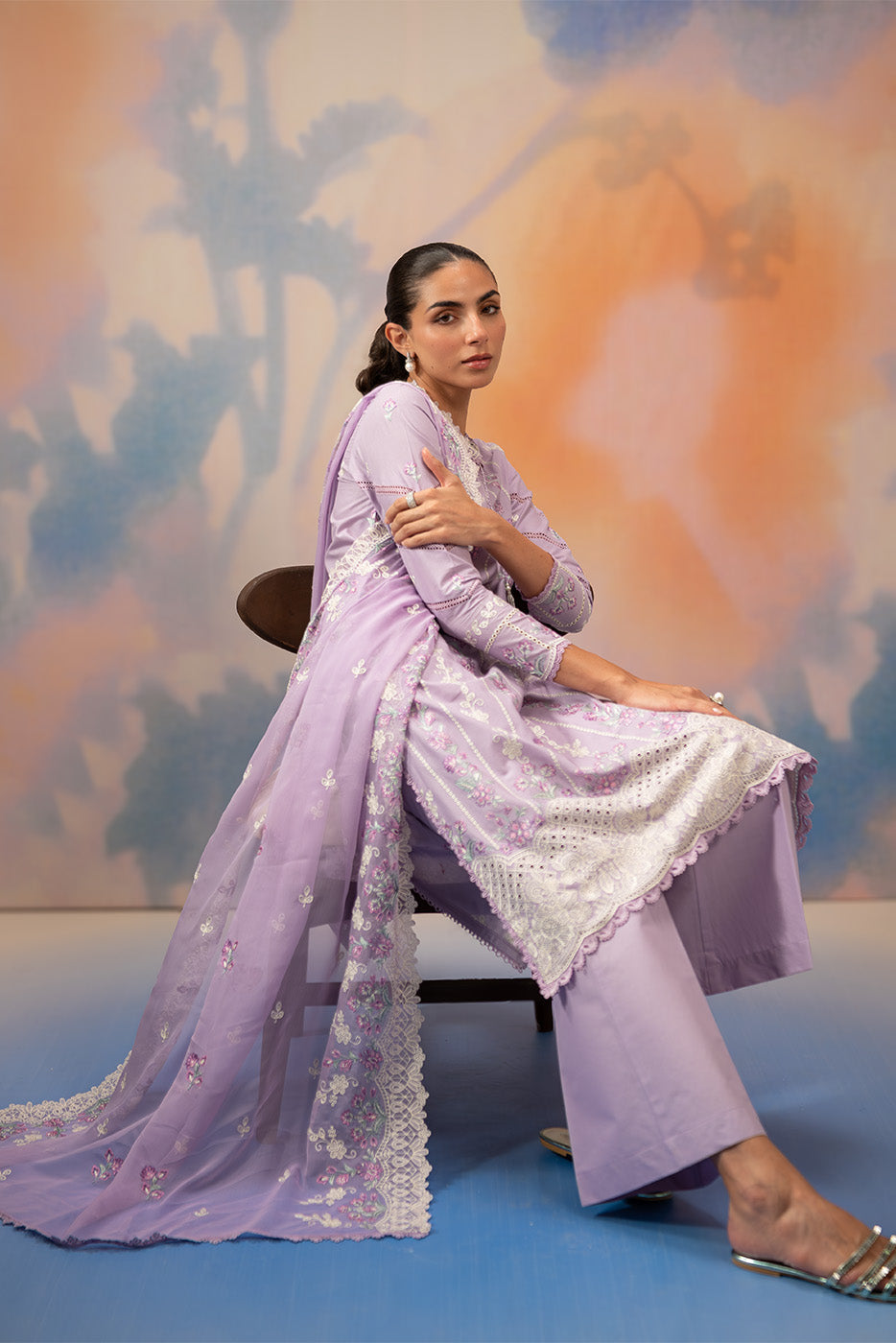 3 PIECE EMBROIDERED CHIKANKARI SUIT WITH BAMBER DUPATTA-LAVENDER LUXE (UNSTITCHED)