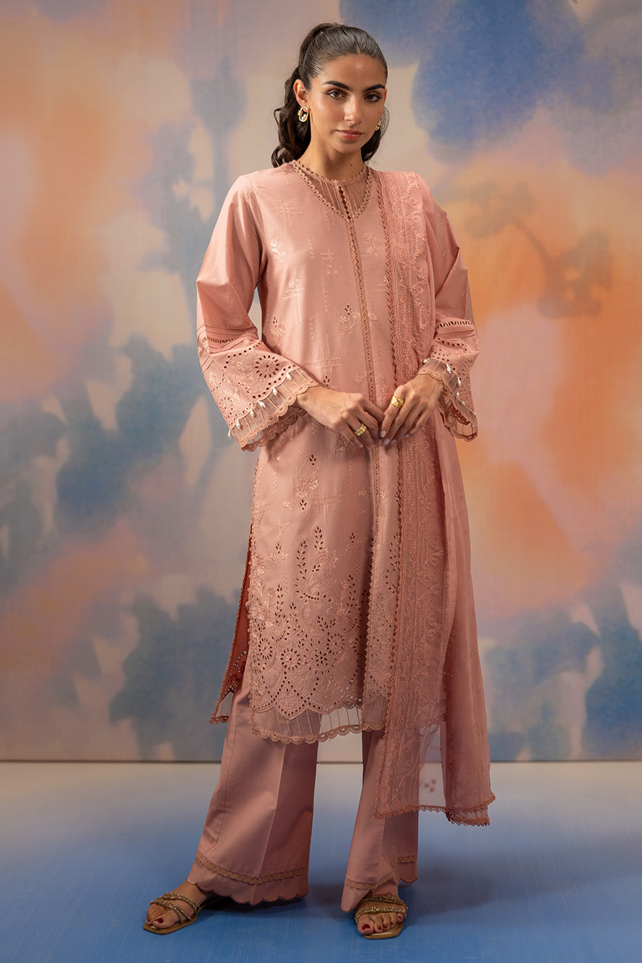 3 PIECE EMBROIDERED CHIKANKARI SUIT WITH BAMBER DUPATTA-BLUSH BLOOM (UNSTITCHED)