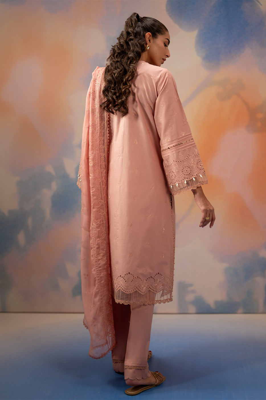 3 PIECE EMBROIDERED CHIKANKARI SUIT WITH BAMBER DUPATTA-BLUSH BLOOM (UNSTITCHED)