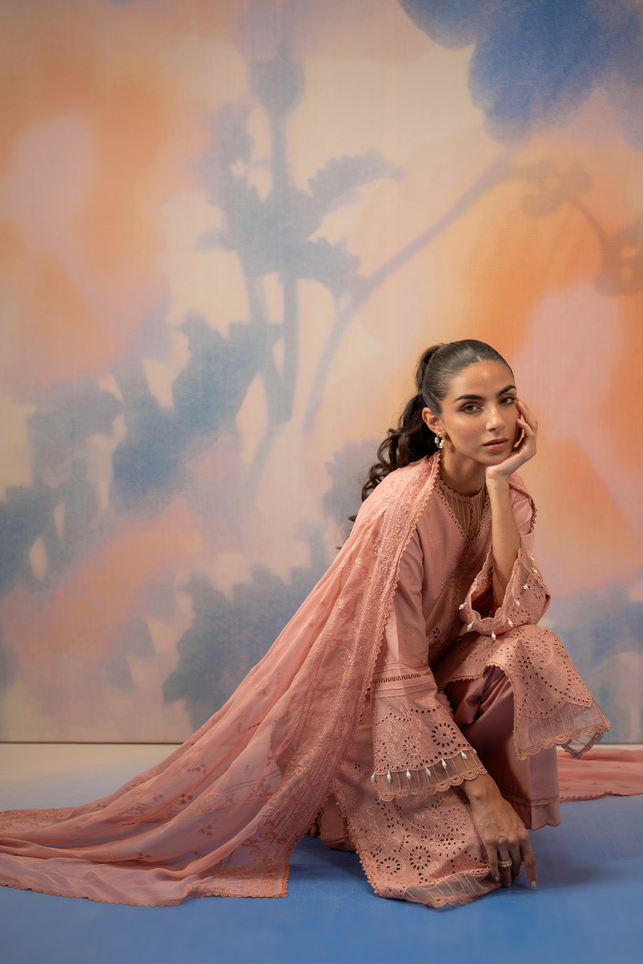 3 PIECE EMBROIDERED CHIKANKARI SUIT WITH BAMBER DUPATTA-BLUSH BLOOM (UNSTITCHED)