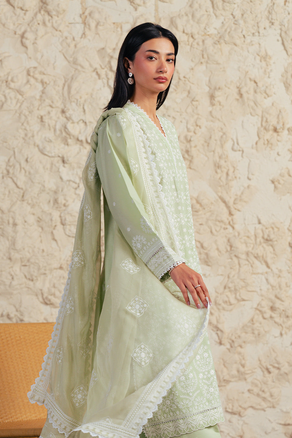 3 PIECE EMBROIDERED LAWN SUIT WITH BAMBER CHIFFON DUPATTA-MINT FROST (UNSTITCHED)