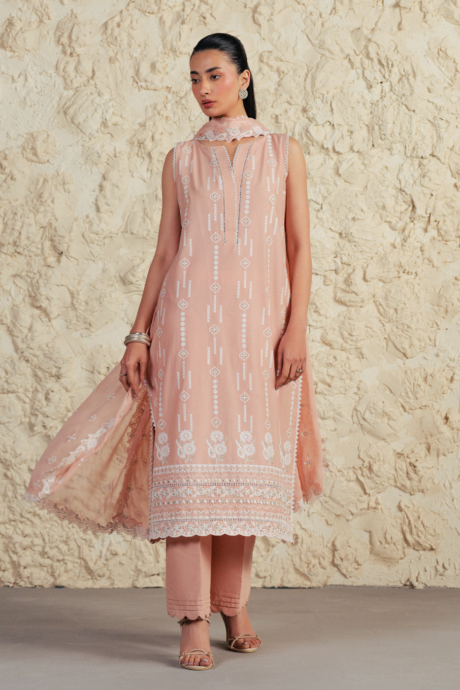 3 PIECE EMBROIDERED LAWN SUIT WITH BAMBER CHIFFON DUPATTA-CORAL HAZE (UNSTITCHED)