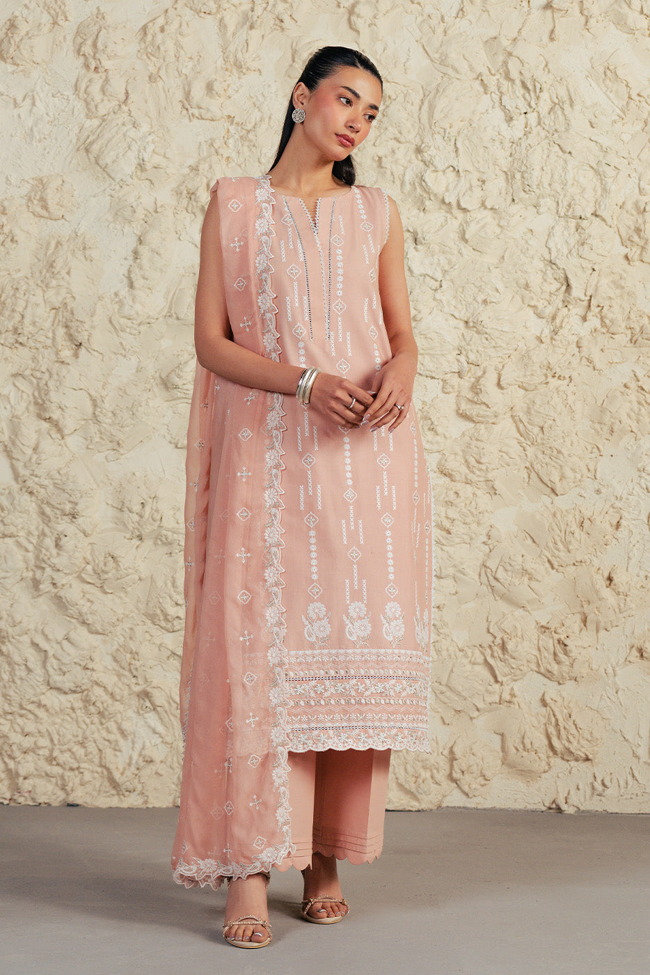 3 PIECE EMBROIDERED LAWN SUIT WITH BAMBER CHIFFON DUPATTA-CORAL HAZE (UNSTITCHED)