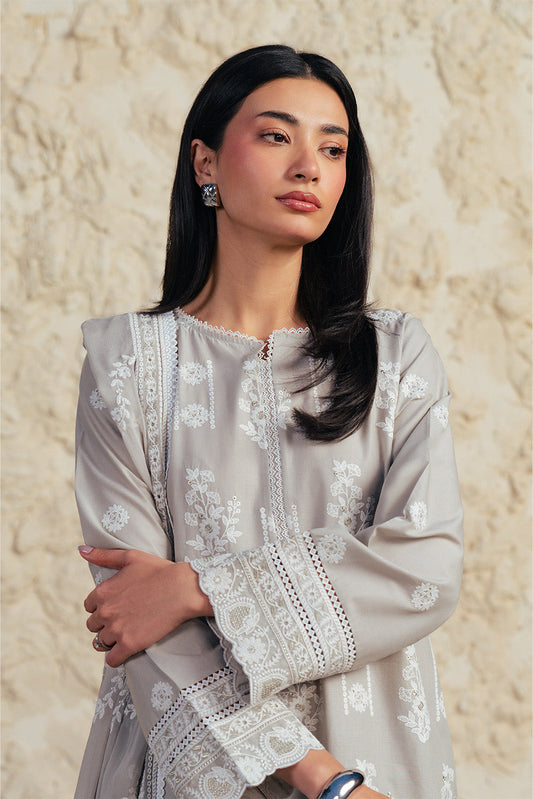 3 PIECE EMBROIDERED SUIT WITH BAMBER CHIFFON DUPATTA-GREY GRANITE (UNSTITCHED)