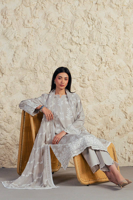 3 PIECE EMBROIDERED LAWN SUIT WITH BAMBER CHIFFON DUPATTA-GREY GRANITE (UNSTITCHED)