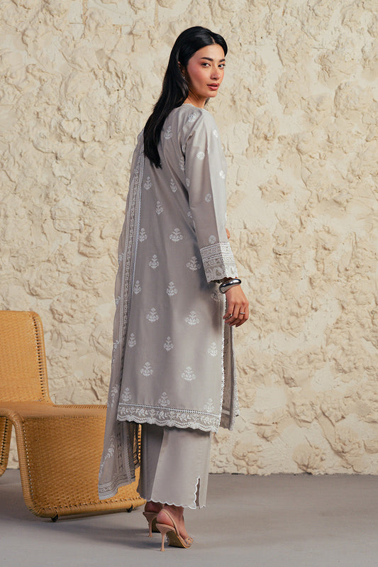 3 PIECE EMBROIDERED LAWN SUIT WITH BAMBER CHIFFON DUPATTA-GREY GRANITE (UNSTITCHED)