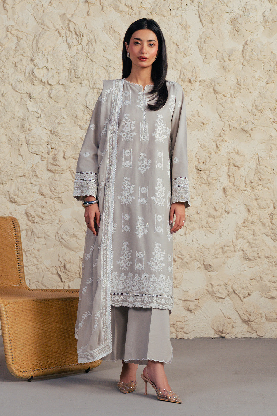 3 PIECE EMBROIDERED SUIT WITH BAMBER CHIFFON DUPATTA-GREY GRANITE (UNSTITCHED)