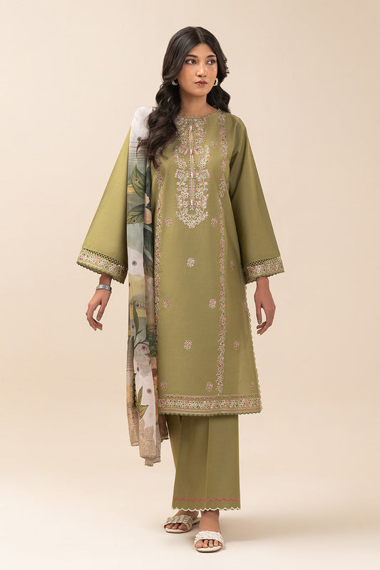 2 PIECE EMBROIDERED LAWN SUIT-OLIVE LUXE (UNSTITCHED)