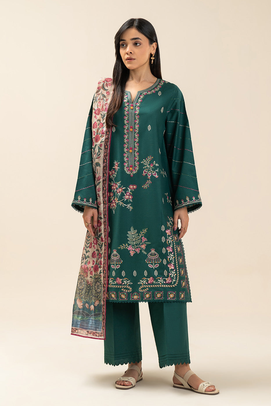 3 PIECE EMBROIDERED LAWN SUIT-MUGHAL GREENS (UNSTITCHED)