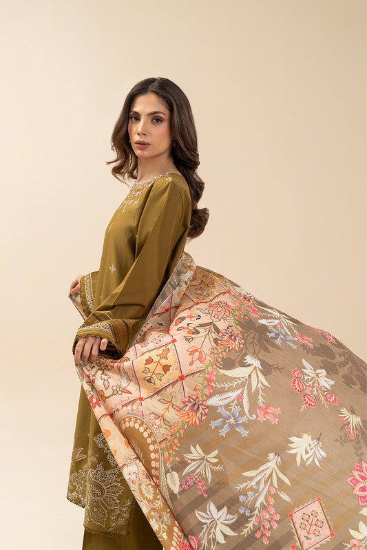 3 PIECE EMBROIDERED LAWN SUIT-OLIVE CHARM (UNSTITCHED)