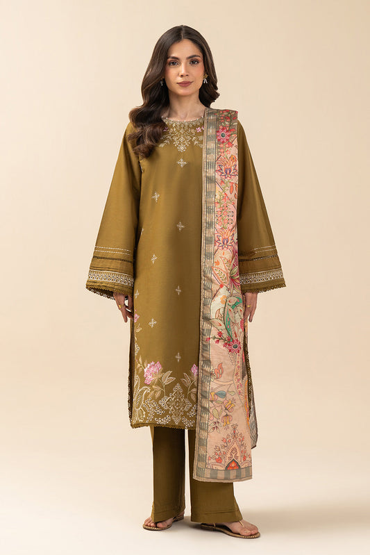 3 PIECE EMBROIDERED LAWN SUIT-OLIVE CHARM (UNSTITCHED)
