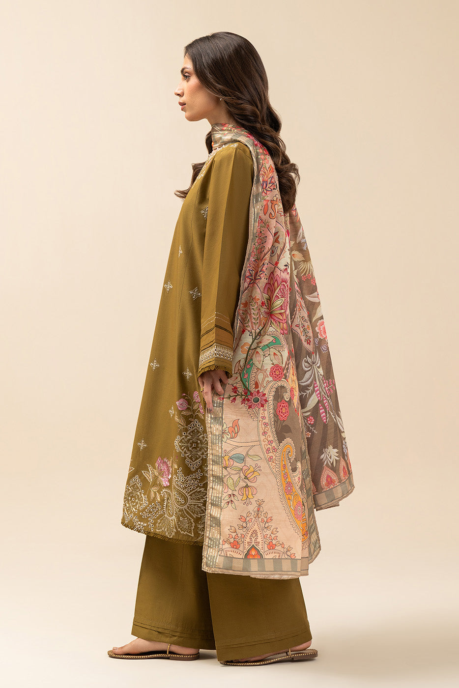 3 PIECE EMBROIDERED LAWN SUIT-OLIVE CHARM (UNSTITCHED)