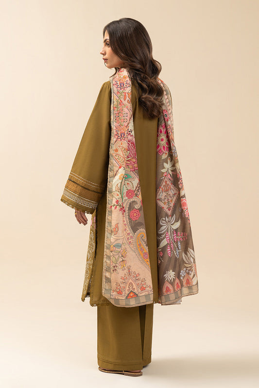 3 PIECE EMBROIDERED LAWN SUIT-OLIVE CHARM (UNSTITCHED)