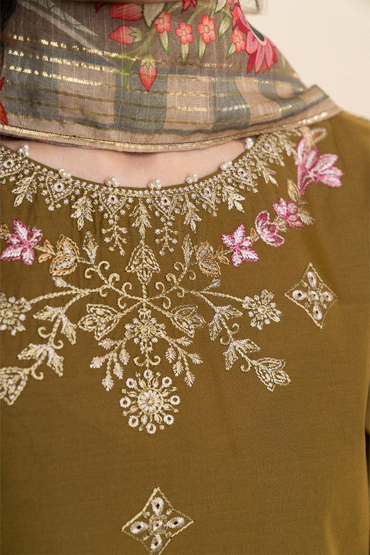 3 PIECE EMBROIDERED LAWN SUIT-OLIVE CHARM (UNSTITCHED)