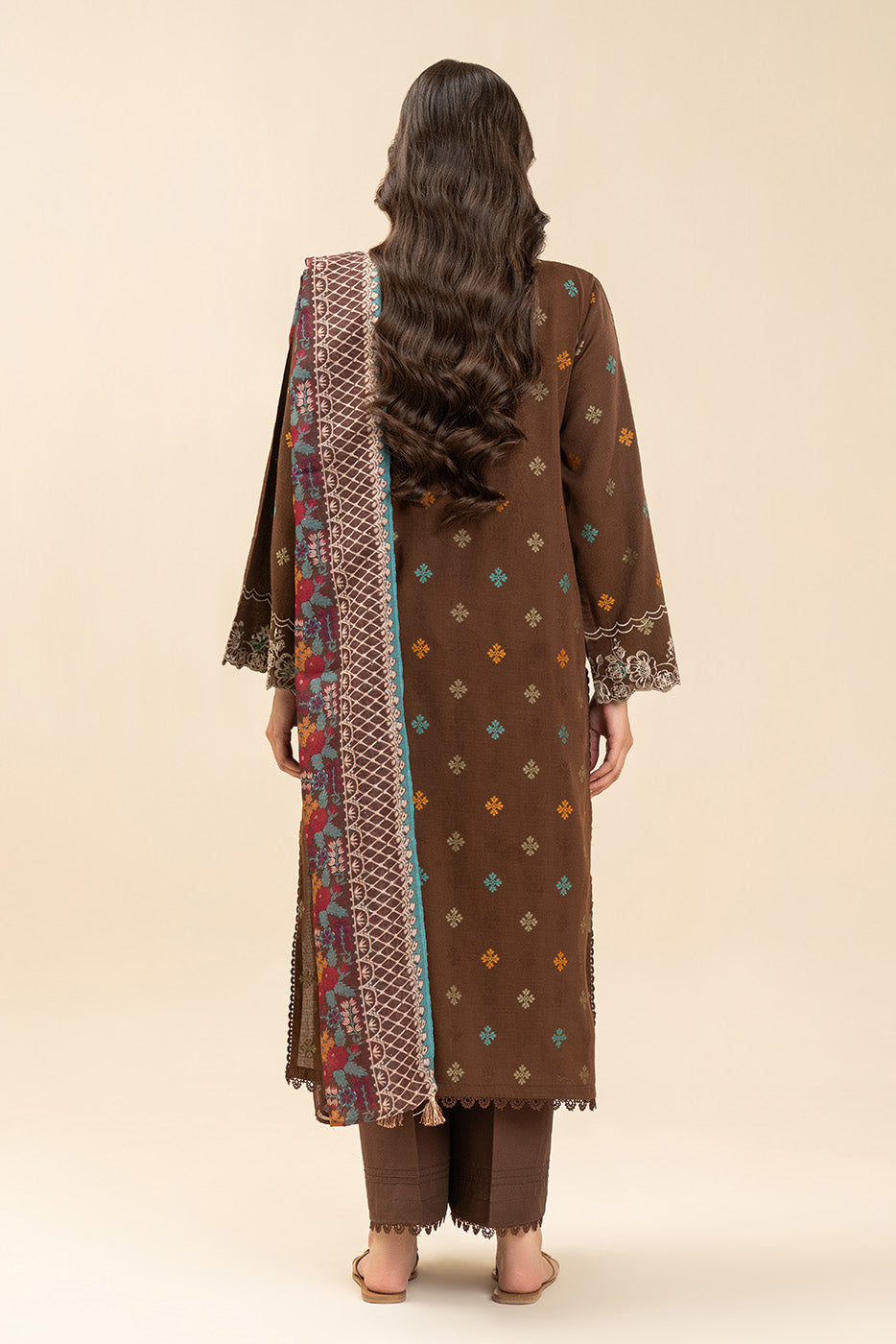 3 PIECE EMBROIDERED  JACQUARD SUIT-RUSTIC BRONZE (UNSTITCHED)