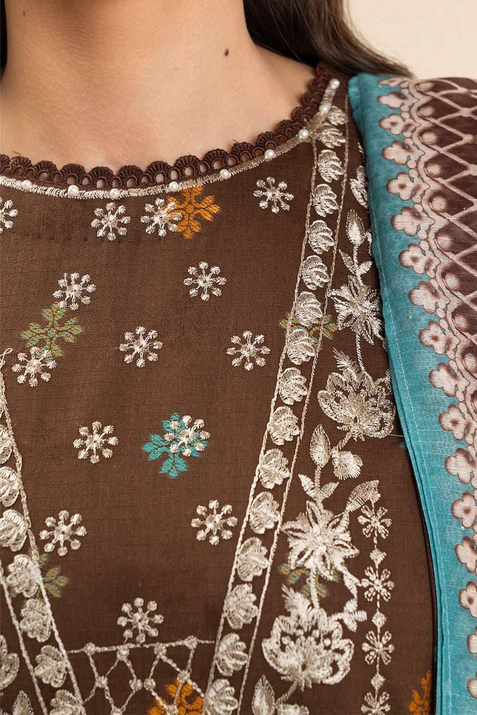 3 PIECE EMBROIDERED  JACQUARD SUIT-RUSTIC BRONZE (UNSTITCHED)