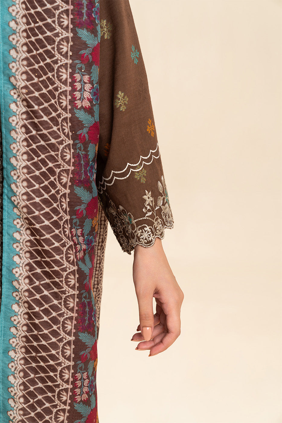 3 PIECE EMBROIDERED  JACQUARD SUIT-RUSTIC BRONZE (UNSTITCHED)
