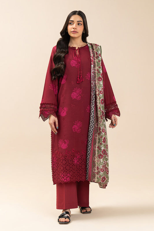 3 PIECE EMBROIDERED  JACQUARD SUIT-CARMINE PETAL (UNSTITCHED)