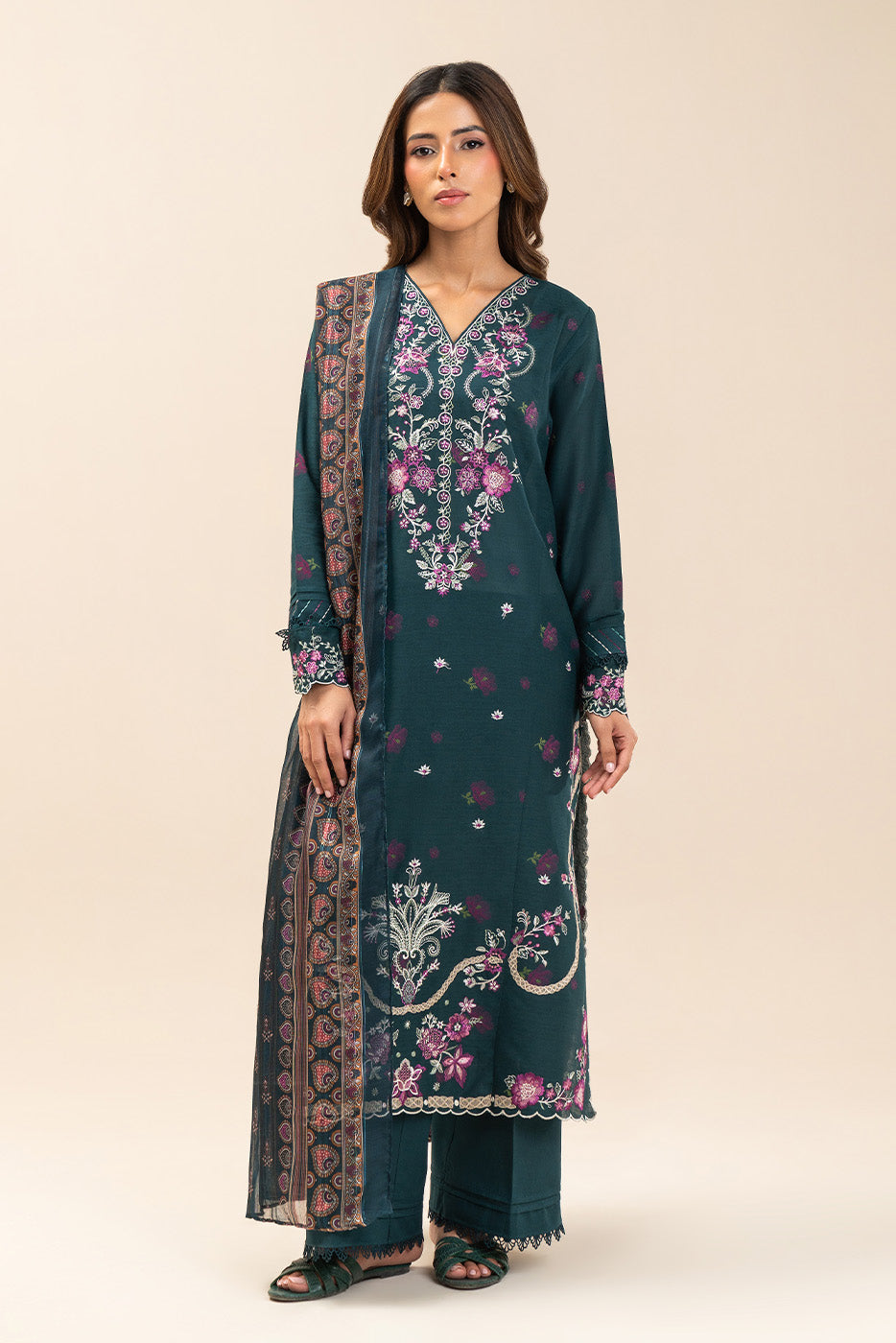 3 PIECE EMBROIDERED LAWN SUIT-MYSTIC TEAL (UNSTITCHED)