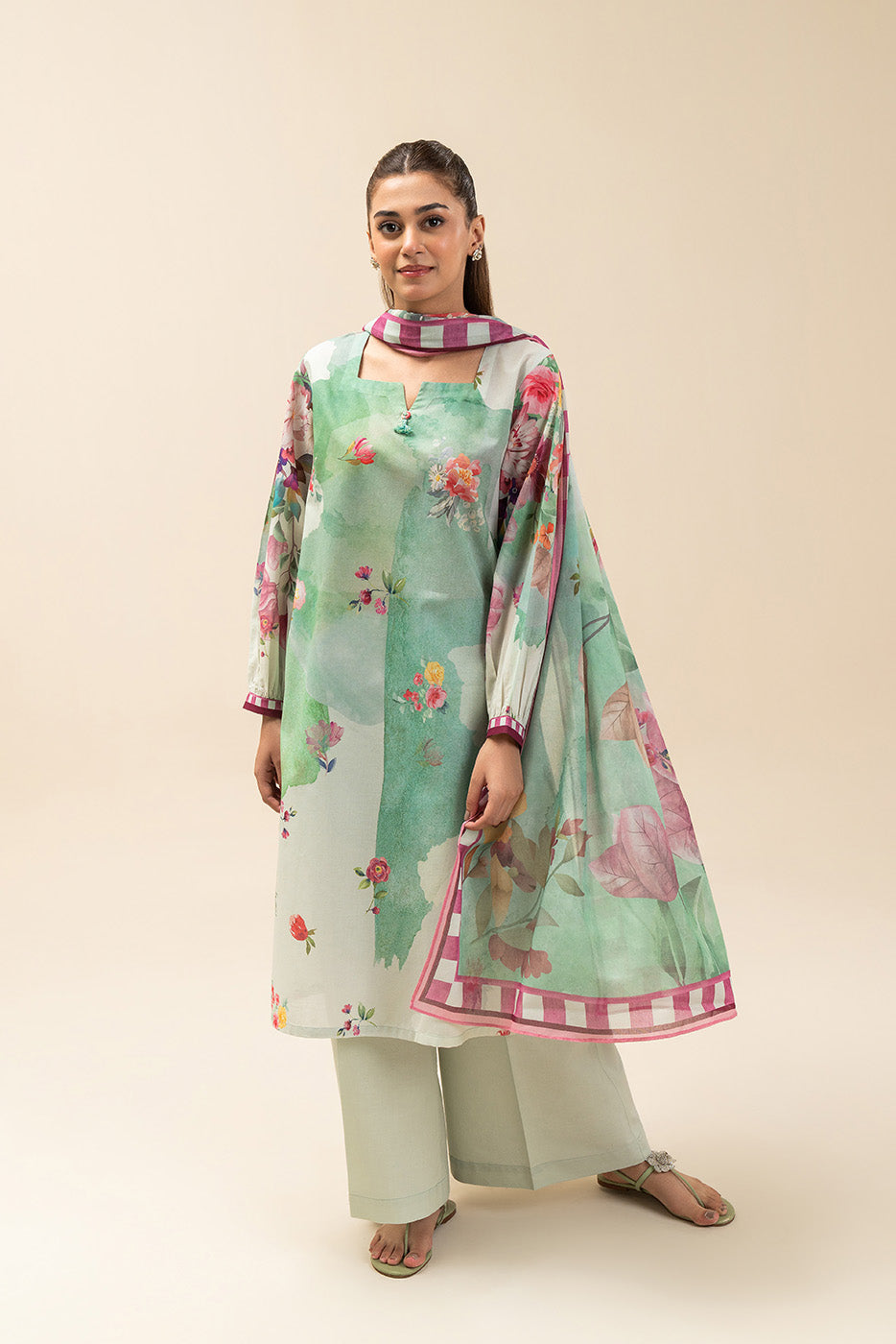 3 PIECE PRINT LAWN SUIT-IVORY FLORET (UNSTITCHED)