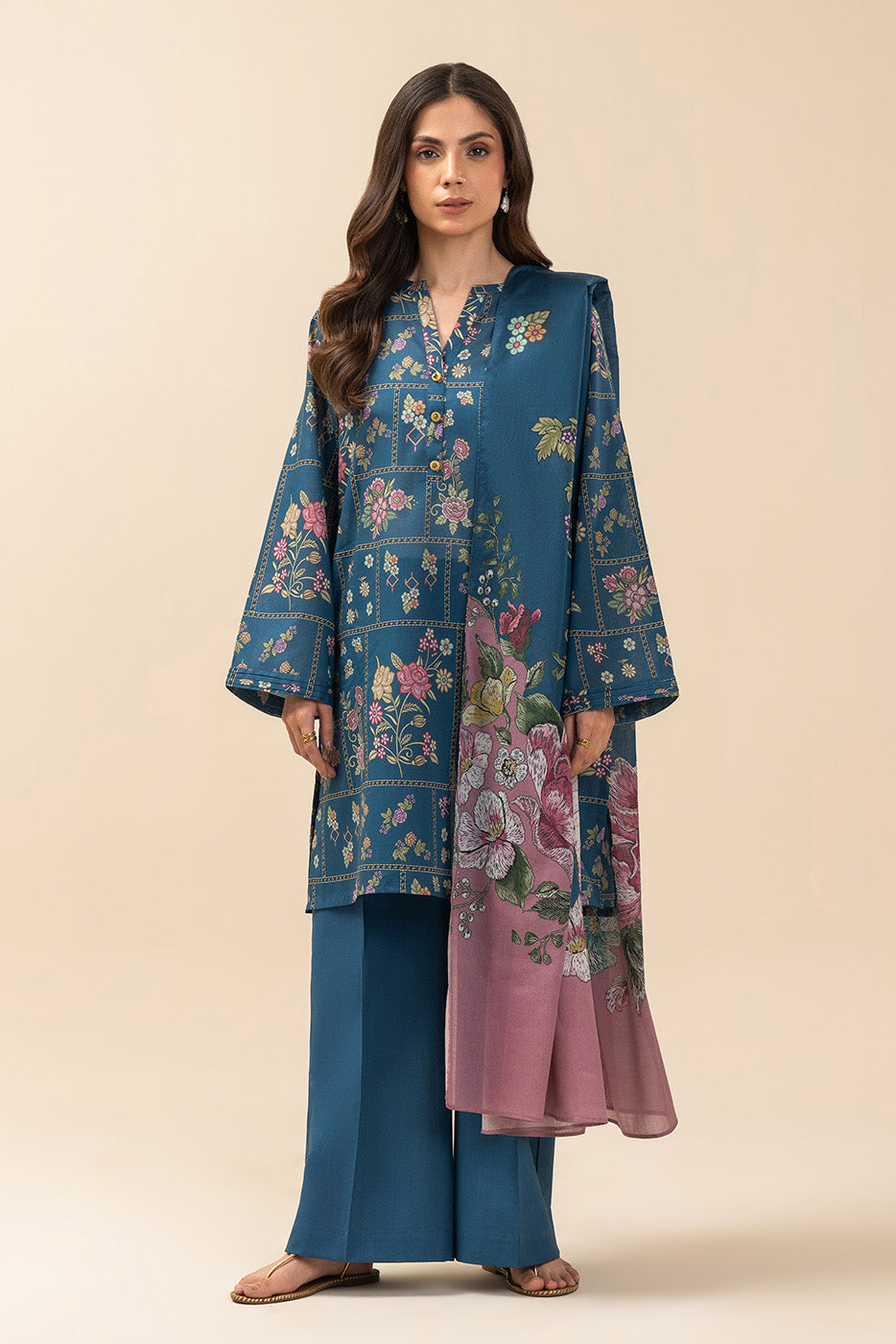 3 PIECE PRINTED LAWN SUIT-COSMOS BLUE (UNSTITCHED)