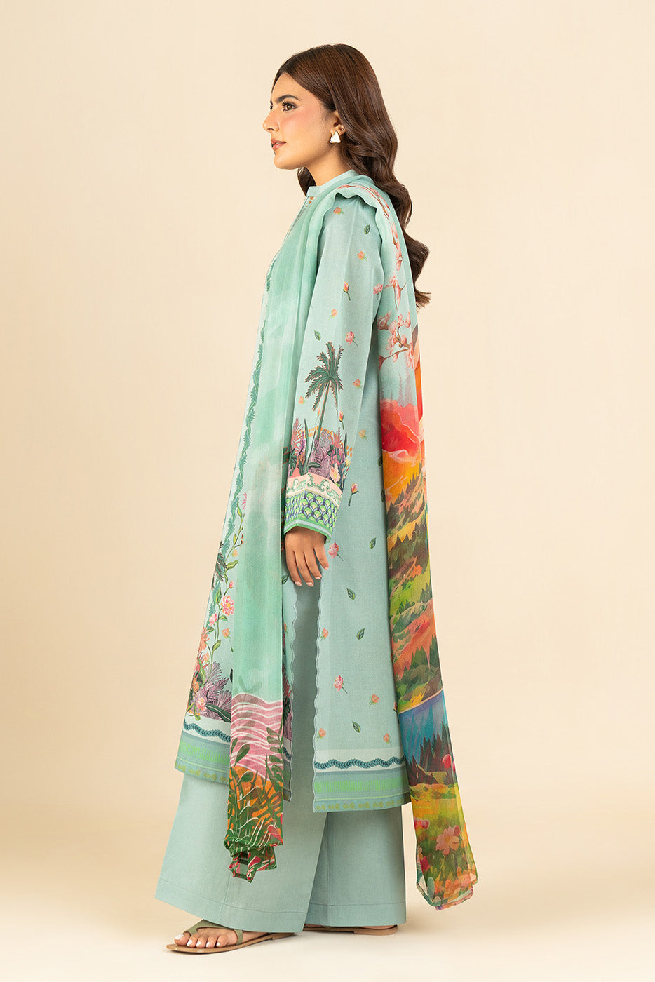 3 PIECE PRINTED LAWN SUIT-CAMEO GREEN (UNSTITCHED)