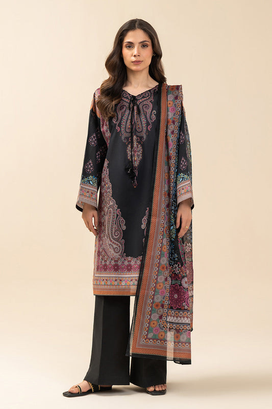 3 PIECE PRINTED LAWN SUIT-BLACK CYPRESS (UNSTITCHED)