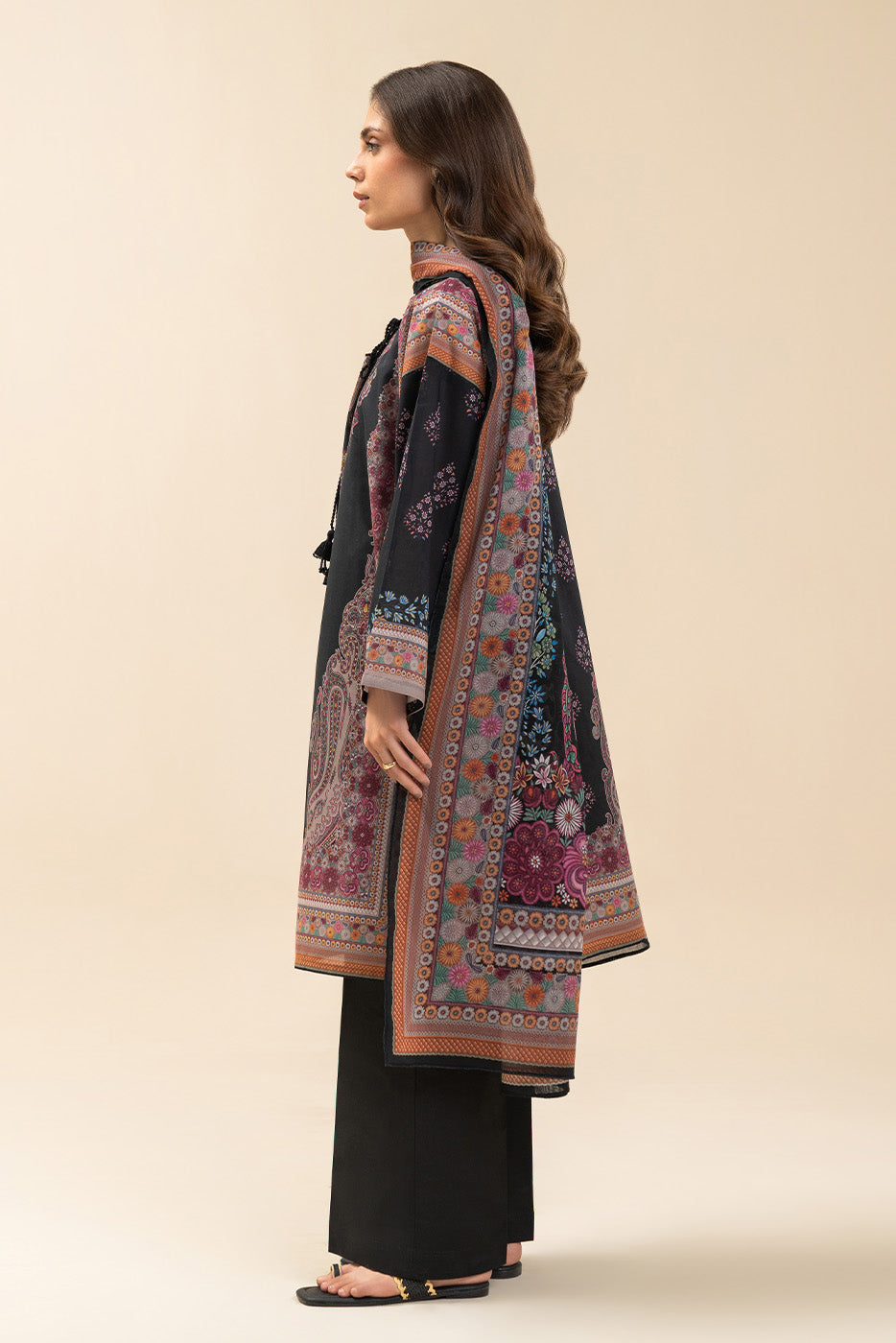 3 PIECE PRINTED LAWN SUIT-BLACK CYPRESS (UNSTITCHED)