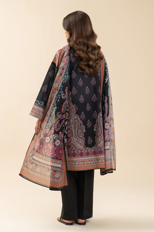 3 PIECE PRINTED LAWN SUIT-BLACK CYPRESS (UNSTITCHED)