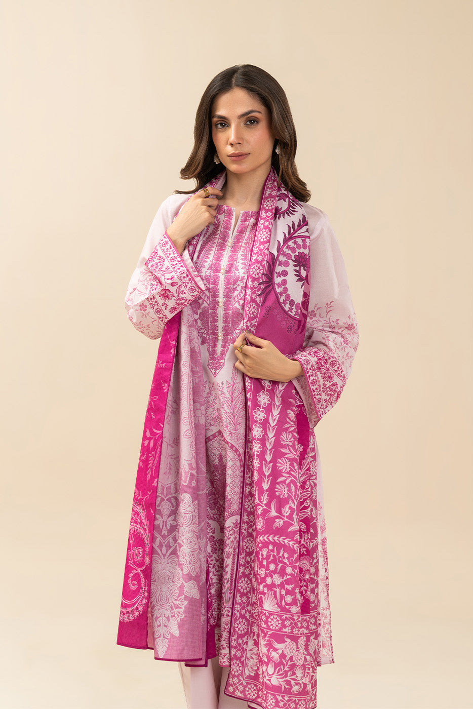 3 PIECE PRINTED LAWN SUIT-PINK HUES (UNSTITCHED)