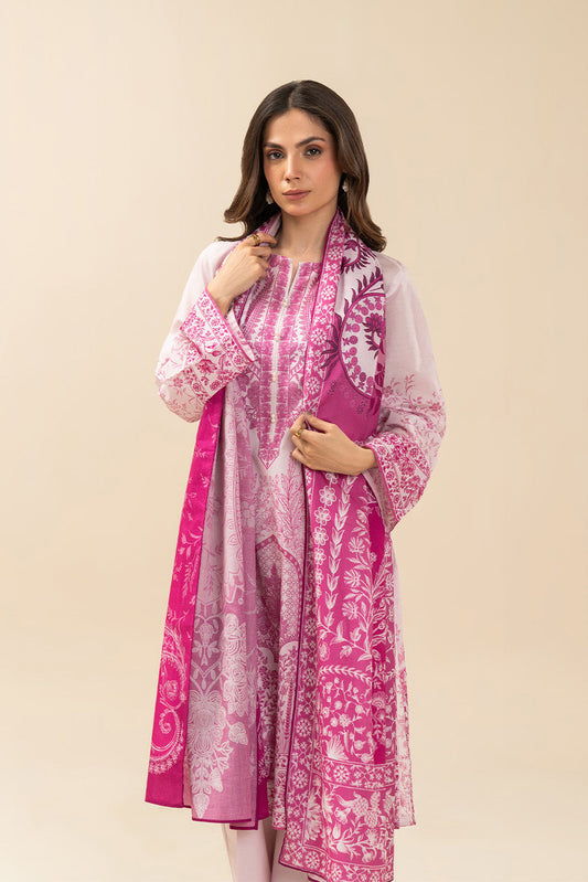3 PIECE PRINTED LAWN SUIT-PINK HUES (UNSTITCHED)