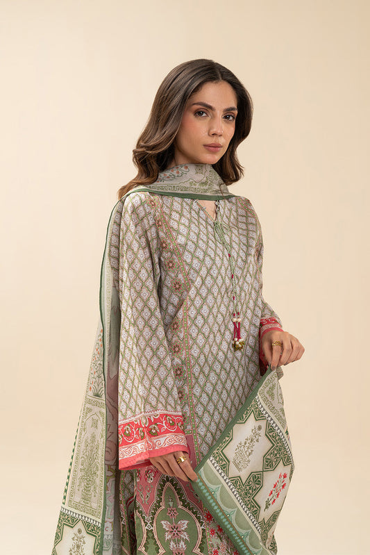 3 PIECE PRINTED LAWN SUIT-FOREST GREEN (UNSTITCHED)