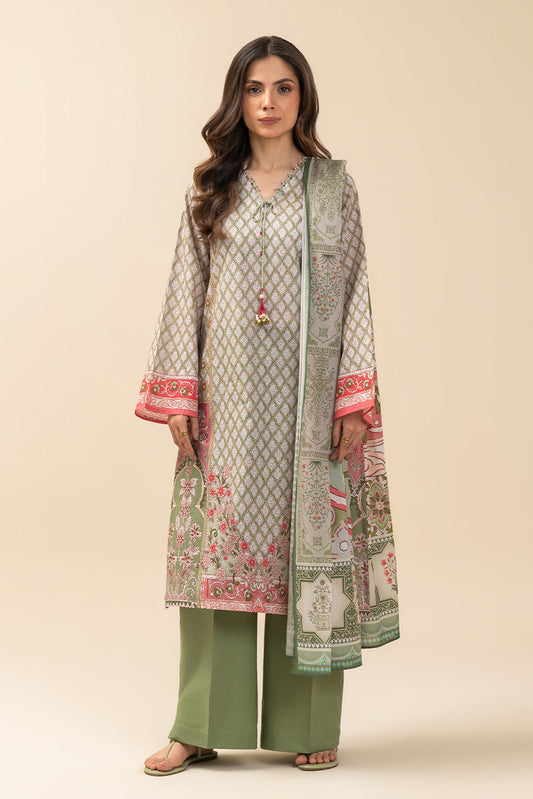 3 PIECE PRINTED LAWN SUIT-FOREST GREEN (UNSTITCHED)