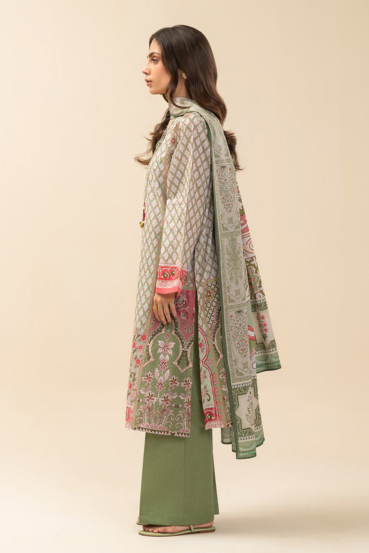 3 PIECE PRINTED LAWN SUIT-FOREST GREEN (UNSTITCHED)