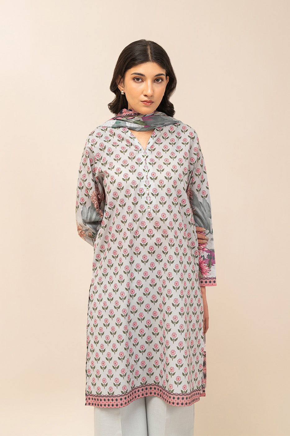 3 PIECE PRINT LAWN SUIT-SPLENDOUR GREY (UNSTITCHED)