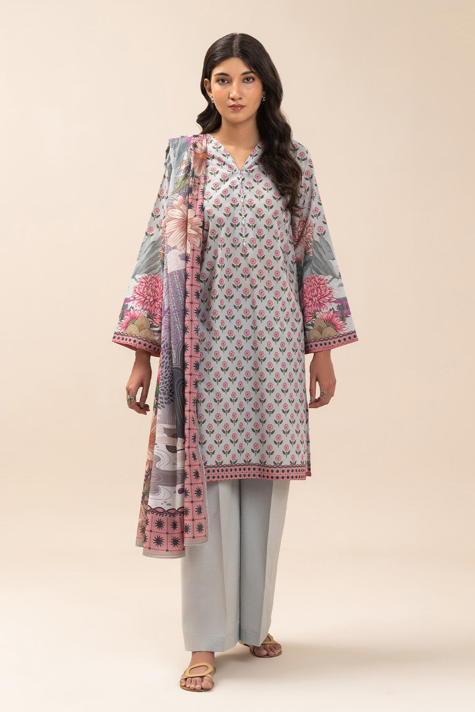 3 PIECE PRINT LAWN SUIT-SPLENDOUR GREY (UNSTITCHED)
